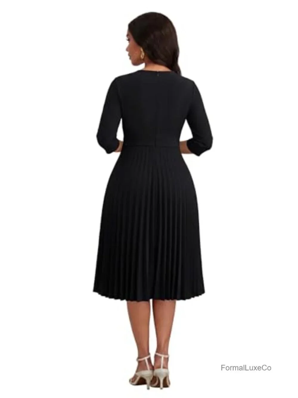 Pleated Midi Dress A-Line 3/4 Sleeve Church Work Casual with Pockets